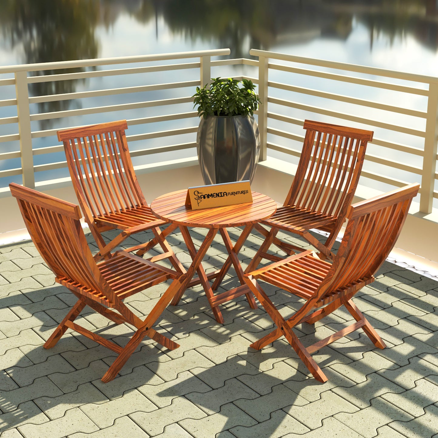 Sheesham Wood Foldable Patio Dining Set for Balcony Garden and Outdoor, 4 Chairs and Table