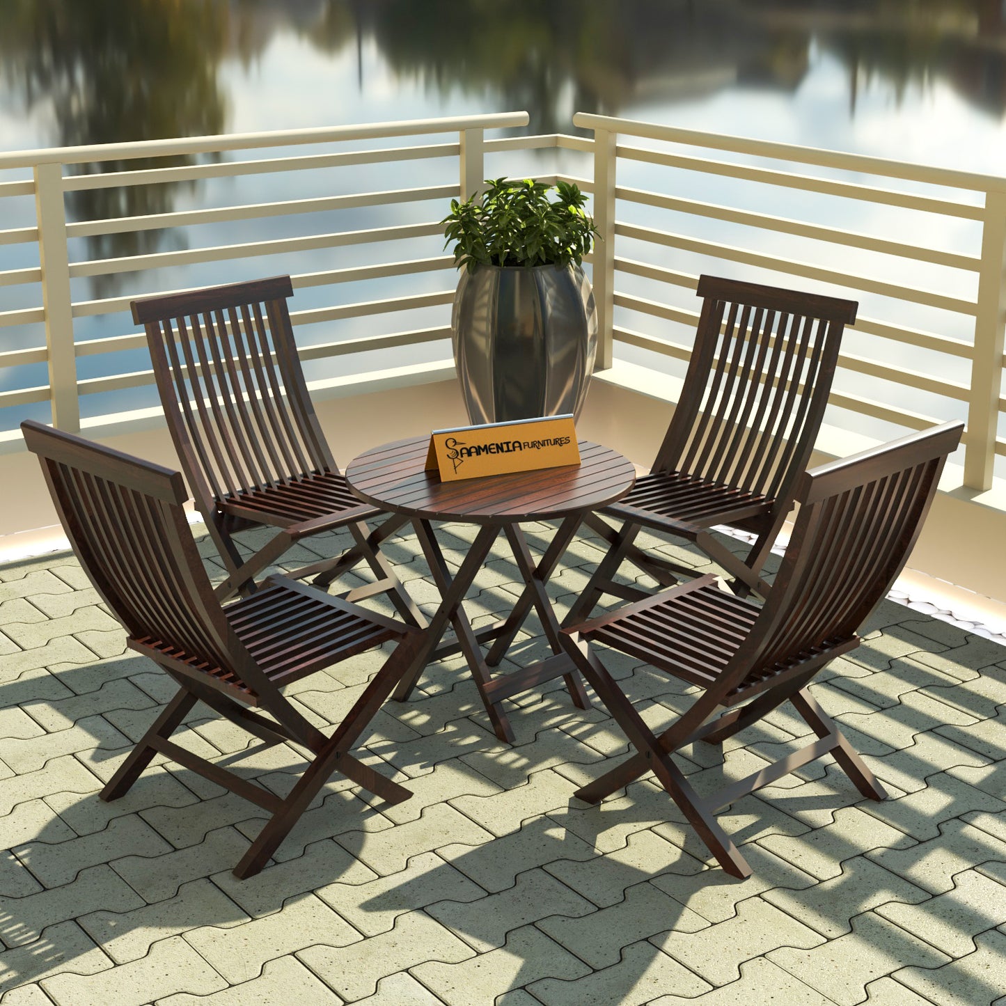 Sheesham Wood Foldable Patio Dining Set for Balcony Garden and Outdoor, 4 Chairs and Table