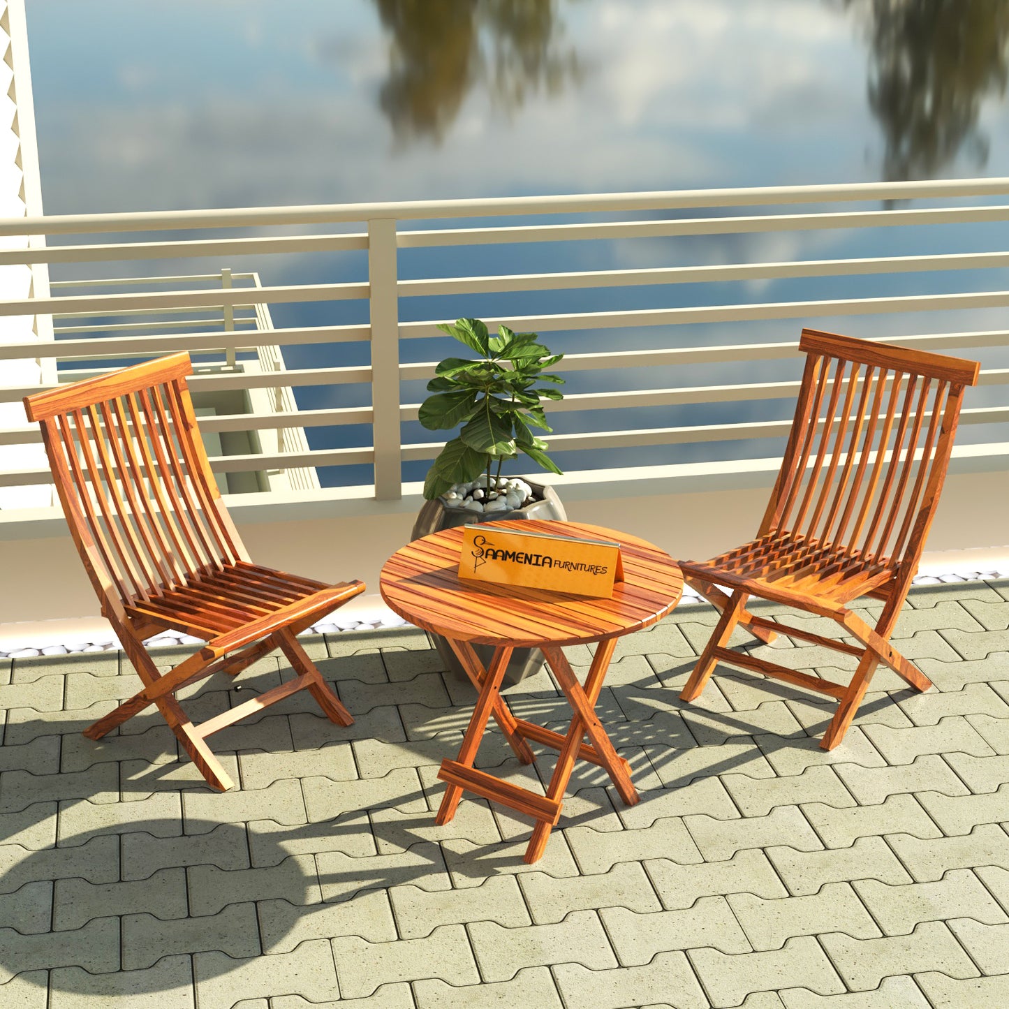 Sheesham Wood Foldable Patio Dining Set for Balcony Garden and Outdoor, 2 Chairs and Table