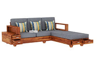 Solid Sheesham Wood L Shape 5 Seater Sofa Set for Living Room, Wooden 5 Seater L Shape Sofa Set with Cushions