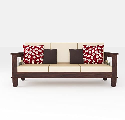 Wooden Solid Sheesham Wood 3 Seater Sofa Set with Beige Cushions