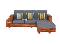 Solid Sheesham Wood L Shape 5 Seater Sofa Set for Living Room, Wooden 5 Seater L Shape Sofa Set with Cushions