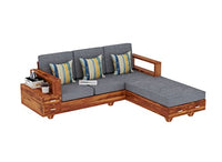 Solid Sheesham Wood L Shape 5 Seater Sofa Set for Living Room, Wooden 5 Seater L Shape Sofa Set with Cushions