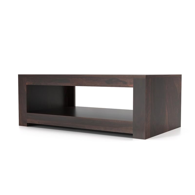 Solid Sheesham Wood Rectangle Centre Table, Coffee Table for Living Room, Wooden Sofa Center Table with Shelf Storage for Home & Office | Rosewood