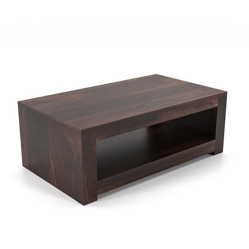 Solid Sheesham Wood Rectangle Centre Table, Coffee Table for Living Room, Wooden Sofa Center Table with Shelf Storage for Home & Office | Rosewood