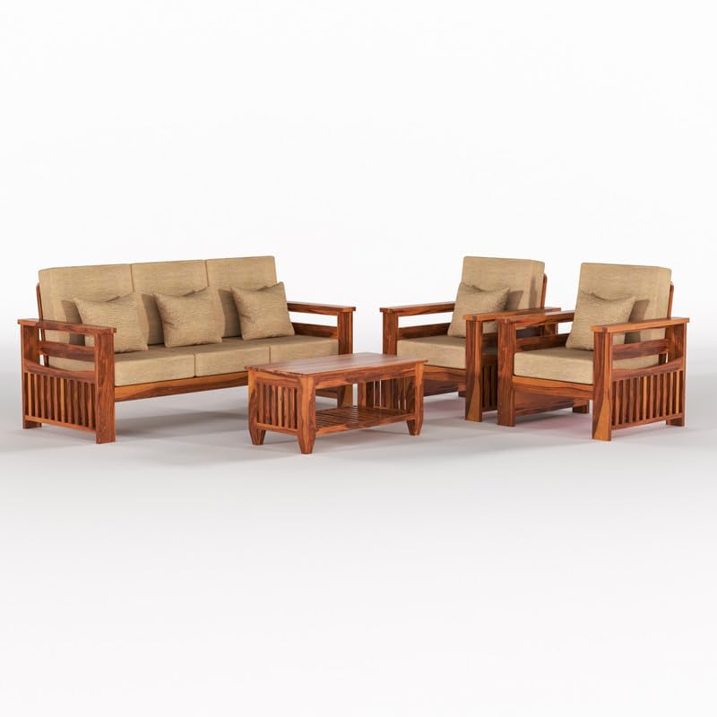 Solid Sheesham Wood 5 Seater Sofa Set for Living Room, 3+1+1 Seater Sofa Sets for Office & Lounge