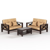 Sheesham Wooden 4 Seater Sofa Set for Living Room, 2+2 Seater Sofa Sets for Home with Cushions, X-Legs Sofa Set