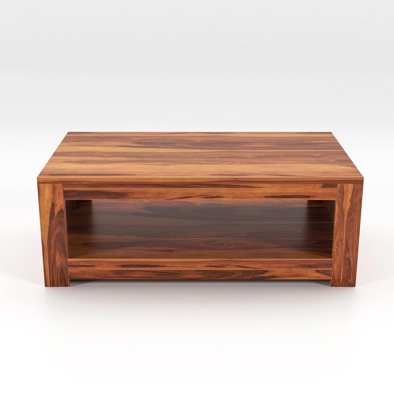 Solid Sheesham Wood Rectangle Centre Table, Coffee Table for Living Room, Wooden Sofa Center Table with Shelf Storage for Home & Office | Rosewood