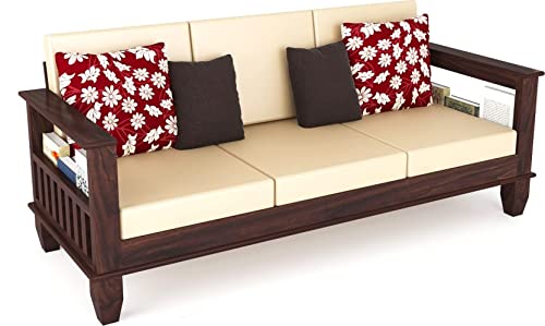 Wooden Solid Sheesham Wood 3 Seater Sofa Set with Beige Cushions