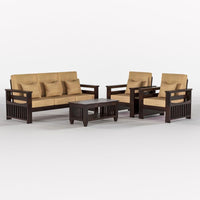 Solid Sheesham Wood 5 Seater Sofa Set for Living Room, 3+1+1 Seater Sofa Sets for Office & Lounge with Beige Cushions