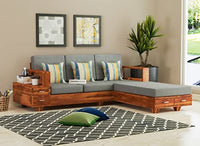 Solid Sheesham Wood L Shape 5 Seater Sofa Set for Living Room, Wooden 5 Seater L Shape Sofa Set with Cushions