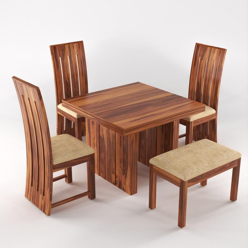 Solid Sheesham Wood Dining Room Sets 4 Seater Poster ining Table with 3 Cushions Chairs & 1 Bench for Dining Room, Living Room, Restaurant, Cafeteria