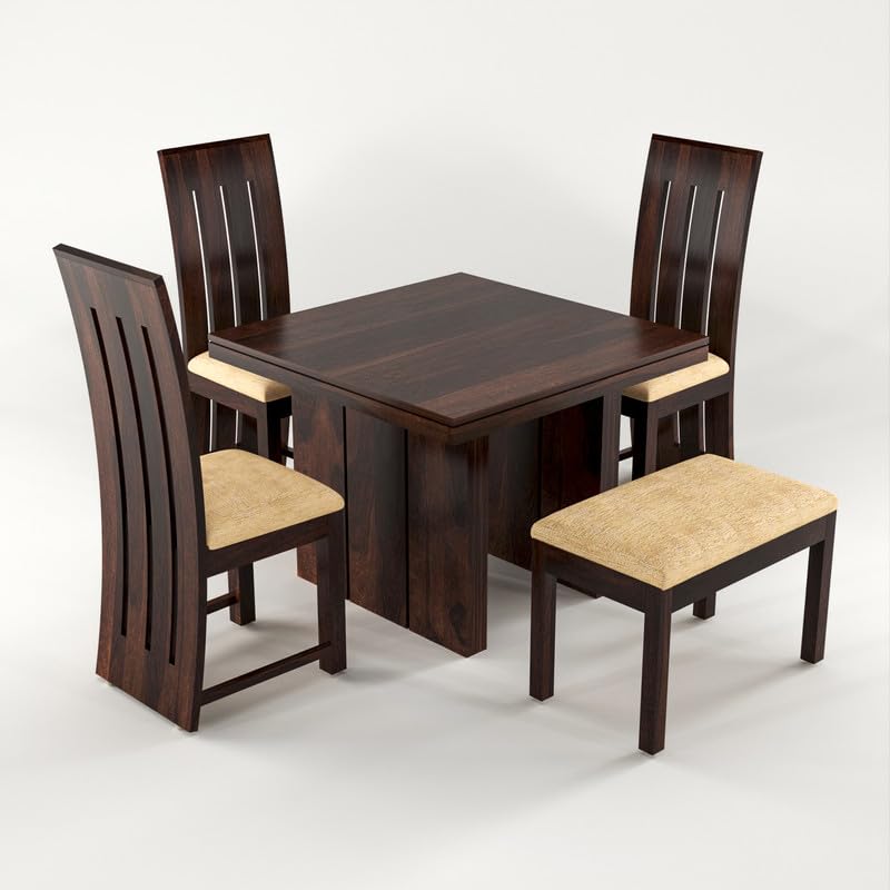 Solid Sheesham Wood Dining Room Sets 4 Seater Poster ining Table with 3 Cushions Chairs & 1 Bench for Dining Room, Living Room, Restaurant, Cafeteria