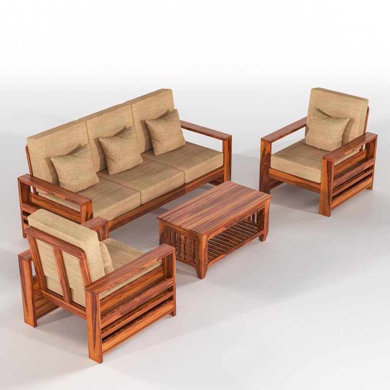 Solid Sheesham Wooden 5 Seater Sofa Set for Living Room, 3+1+1 Seater Sofa Sets for Office & Lounge