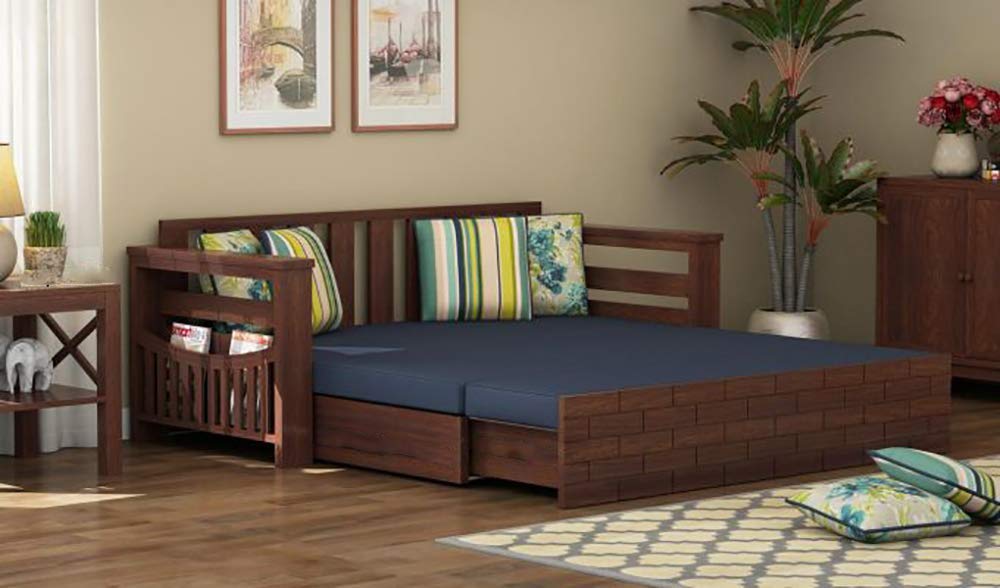 Solid Sheesham Wood Sofa Cum Bed Furniture Set With Storage And Cushions For Living Room Bedroom Drawing Hall