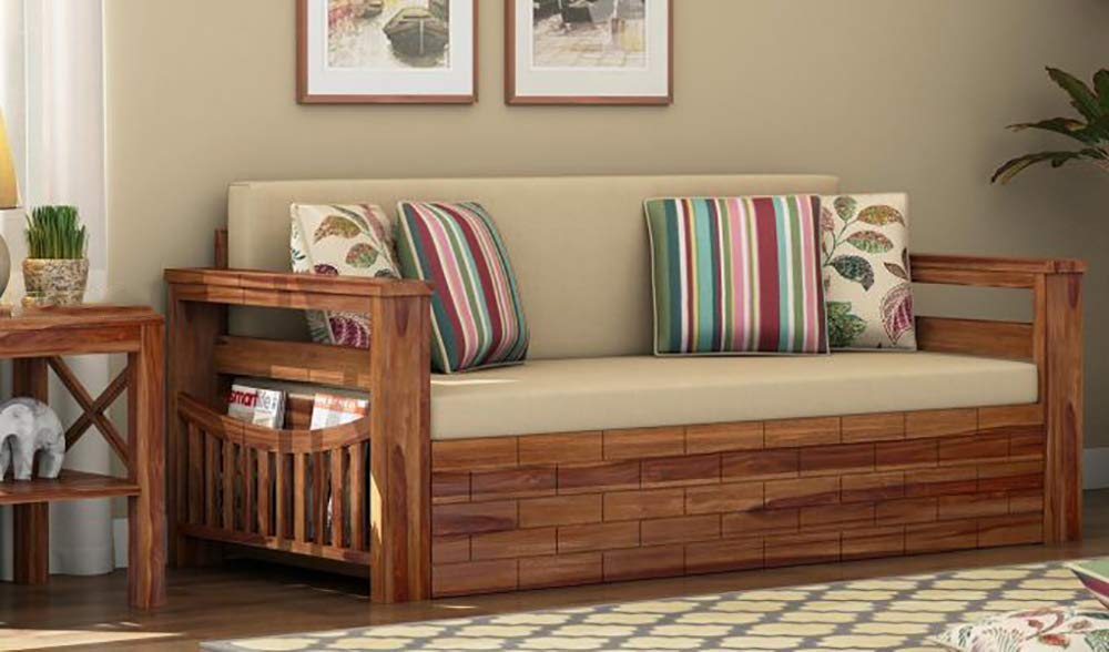 Solid Sheesham Wood Sofa Cum Bed Furniture Set With Storage And Cushions For Living Room Bedroom Drawing Hall