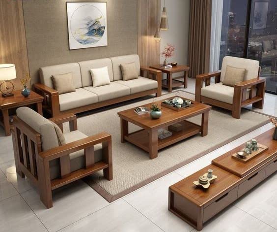 Solid Sheesham Wooden 5 Seater Sofa Set for Living Room Furniture - Chocolate Brown Finish (3+1+1)