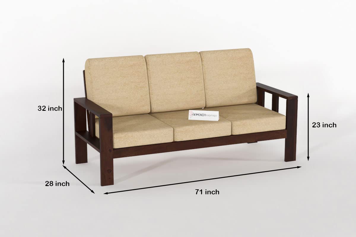 Solid sheesham Wooden 3 Seater Sofa Set for Living Room with Cream Cushions