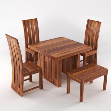 olid Sheesham Wood Dining Room Sets 4 Seater Poester Dining Table with 3 Chairs & 1 Bench for Dining Room, Living Room, Restaurant, Cafeteria