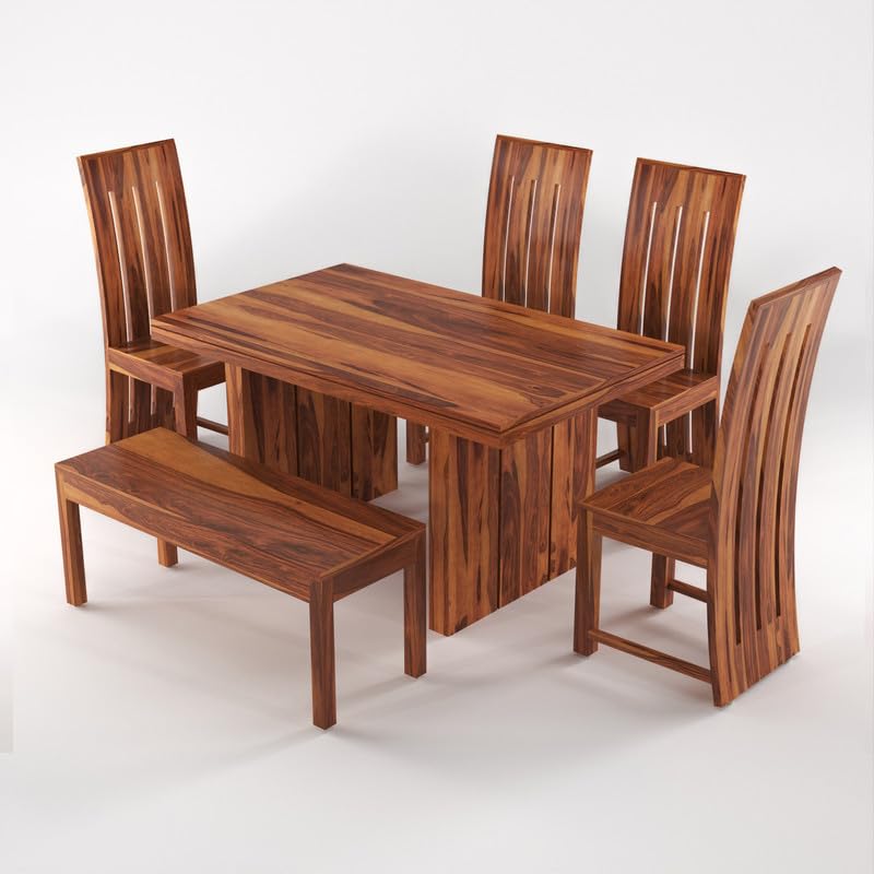 Solid Sheesham Wood Dining Room Sets 6 Seater Poster Dining Table with 4 Chairs & 1 Bench for Dining Room, Living Room,Restaurant, Cafeteria