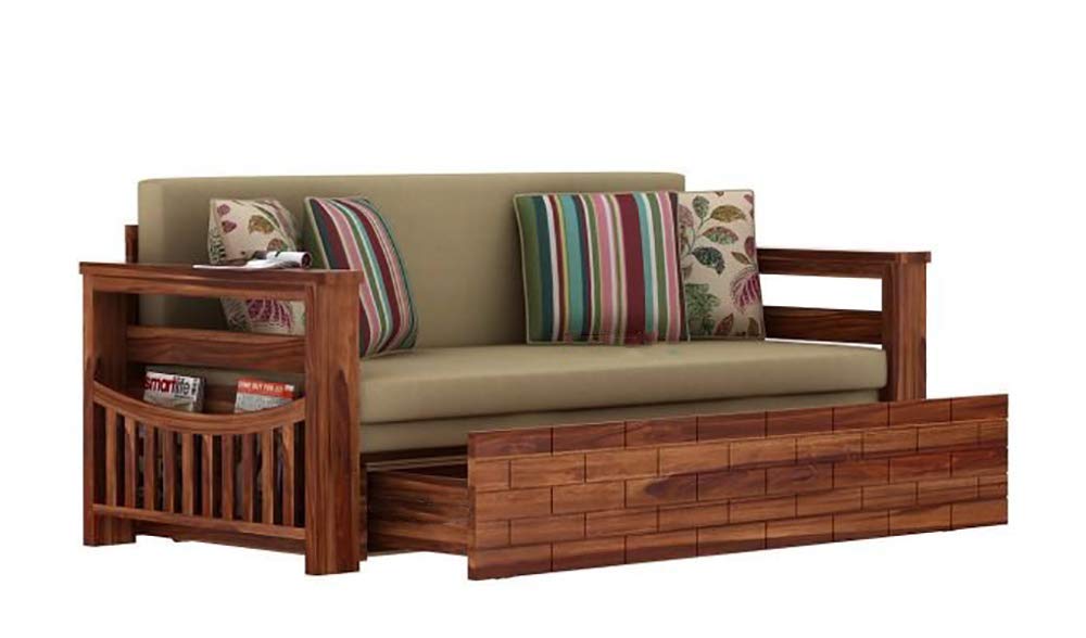 Solid Sheesham Wood Sofa Cum Bed Furniture Set With Storage And Cushions For Living Room Bedroom Drawing Hall