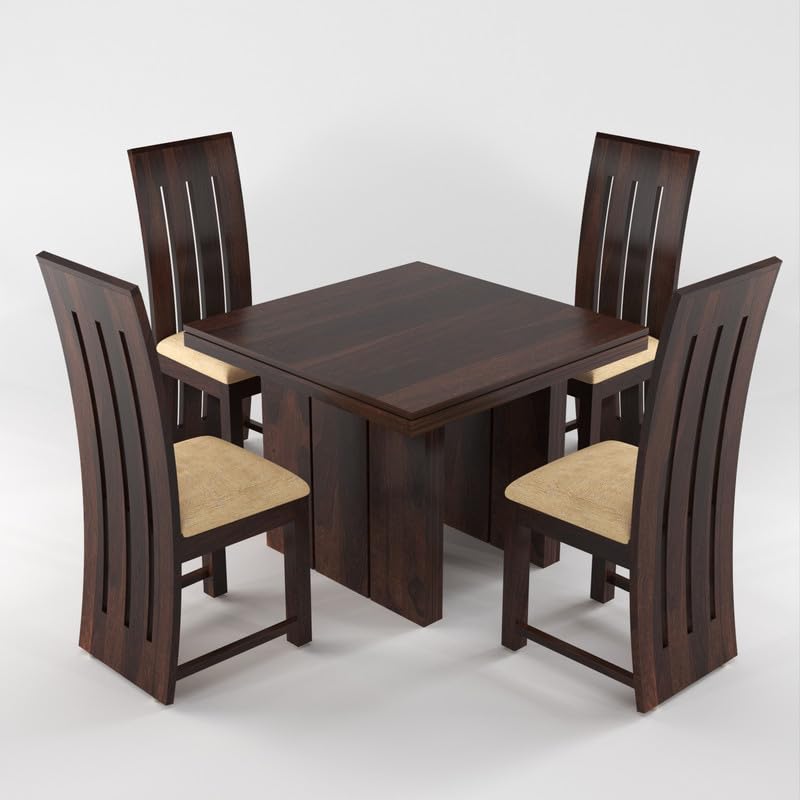 Solid Sheesham Wood Dining Room Sets 4 Seater Poster Dining Table with 4 Cushions Chairs for Dining Room, Living Room, Restaurant, Cafeteria