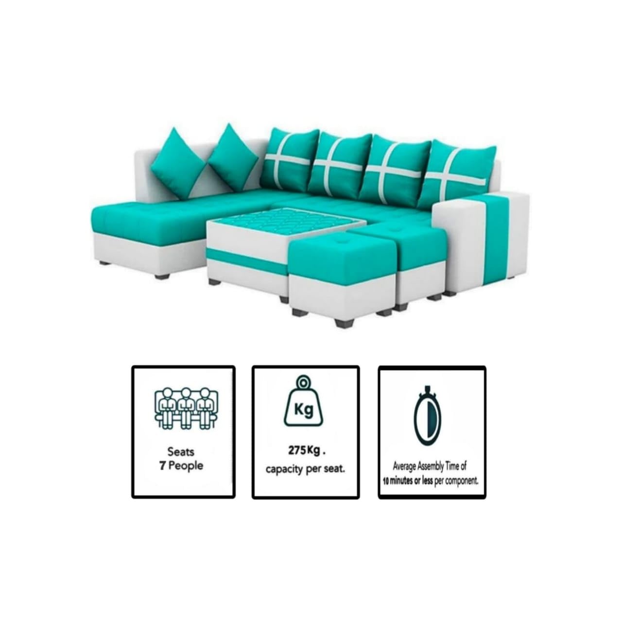 L Shape 7 Seater Sofa Set for Living Room, Hotels & Lounge | L Shape Sofa with Center Table and 2 Puffy & Comfortable Cushion