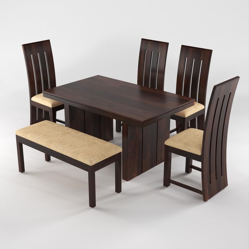 Solid Sheesham Wood Dining Room Sets 6 Seater Poster Dining Table with 4 Cushions Chairs & 1 Bench for Dining Room, Living Room, Restaurant, Cafeteria