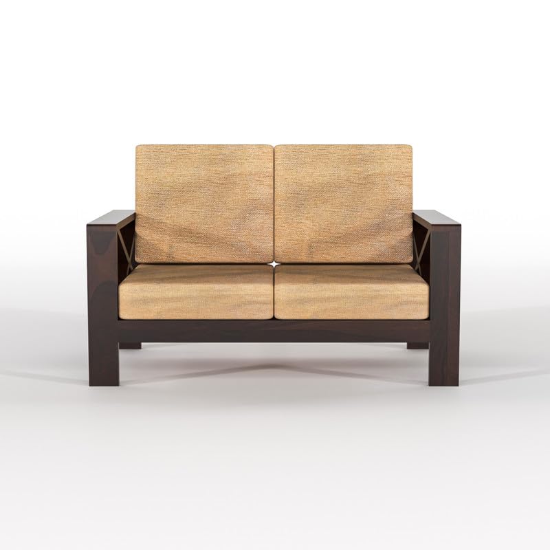 Solid Sheesham Wooden 2 Seater Sofa Set for Living Room with Cushions, X-Legs Sofa Set