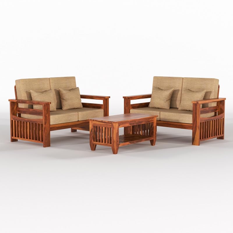 Solid Sheesham Wood 4 Seater Sofa Set for Living Room, 2+2 Seater Sofa Sets for Home with Beige Cushions