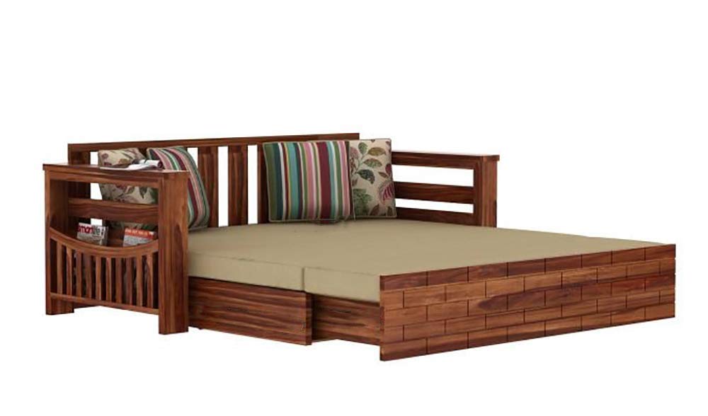 Solid Sheesham Wood Sofa Cum Bed Furniture Set With Storage And Cushions For Living Room Bedroom Drawing Hall