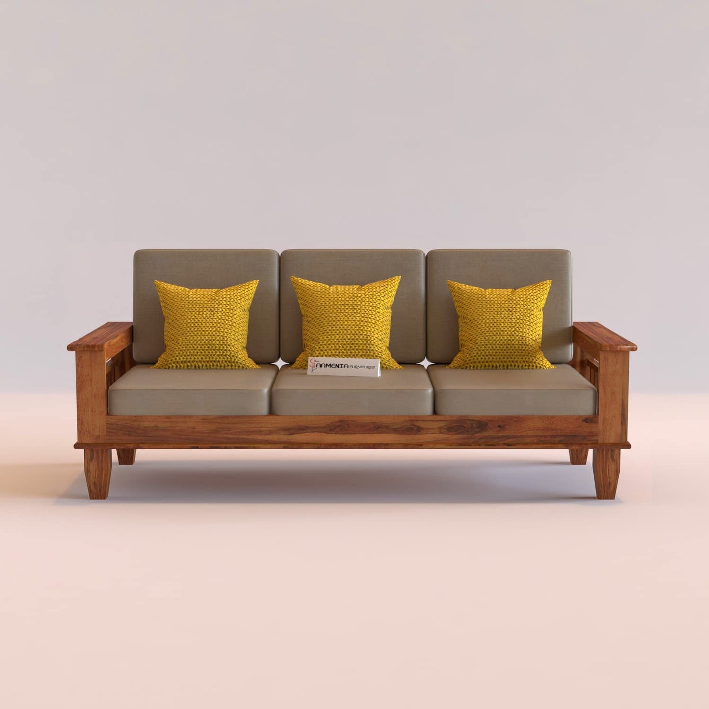 Wooden Solid Sheesham Wood 3 Seater Sofa Set with Beige Cushions