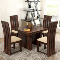 Solid Sheesham Wood Dining Room Sets 4 Seater Poster Dining Table with 4 Cushions Chairs for Dining Room, Living Room, Restaurant, Cafeteria