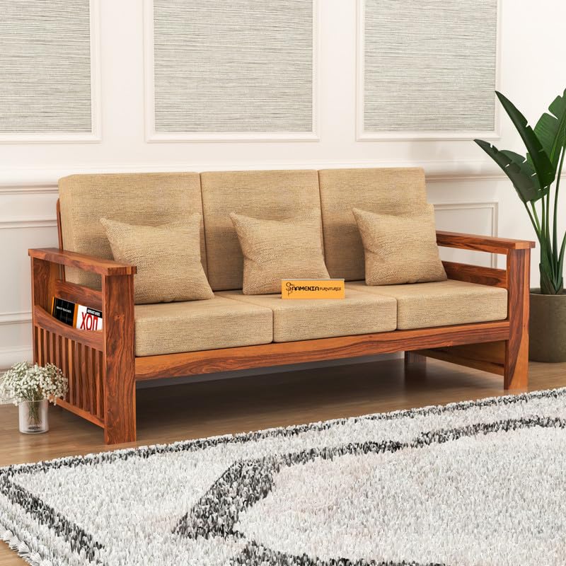 Solid Sheesham Wood 3 Seater Sofa Set for Living Room with Beige Cushions