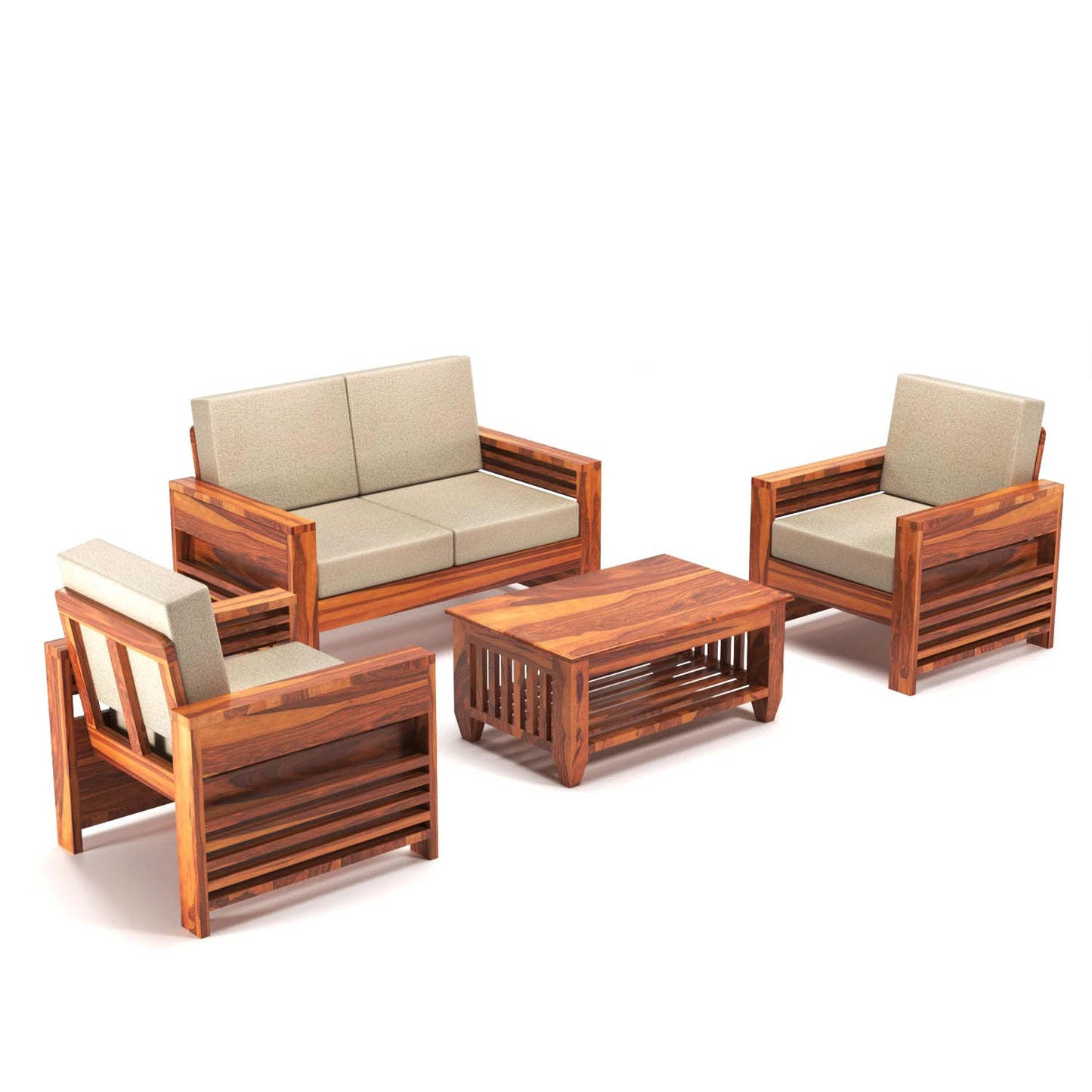 Sheesham Wood 4 Seater Side Cup Stand Sofa Set for Living Room | 4 Seater Sofa Set | Wooden Sofa Set | (2+1+1)