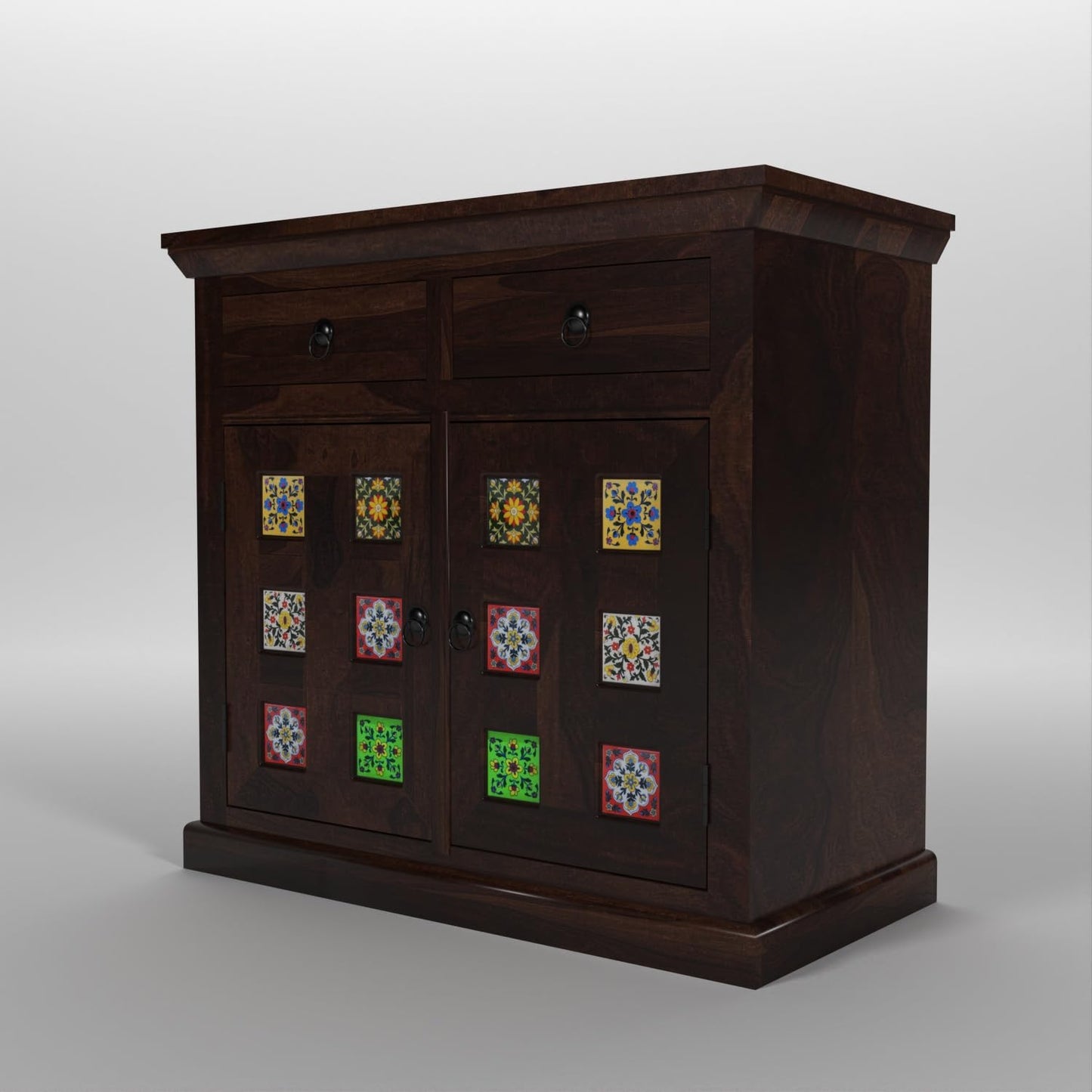 Solid Wood Sheesham Small Wooden Cabinet for Living Dining Drawing Bedroom & Office with 2 Drawer & 2 Rack