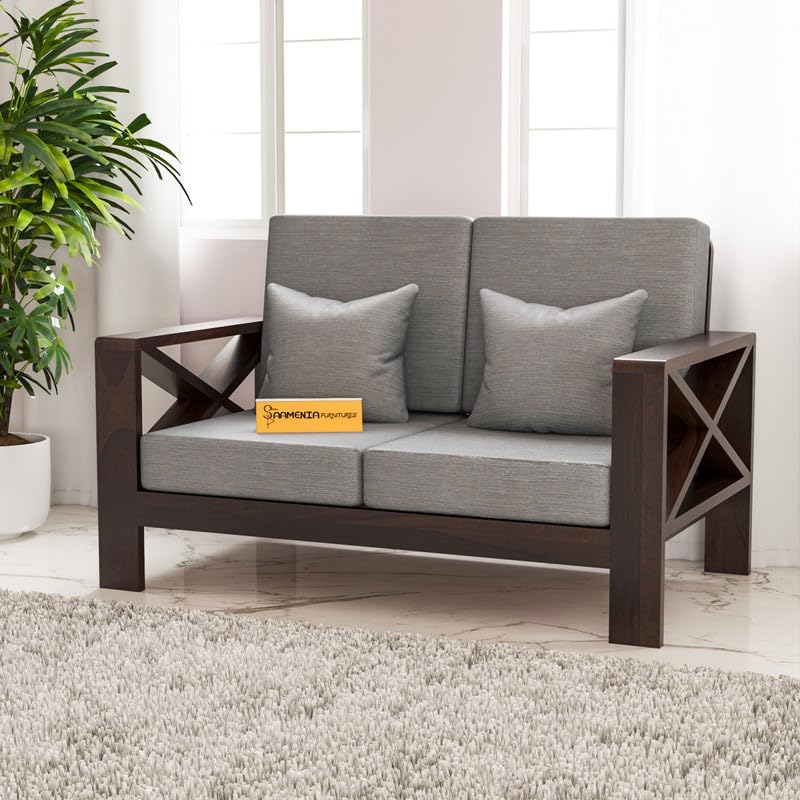 Solid Sheesham Wooden 2 Seater Sofa Set for Living Room with Cushions, X-Legs Sofa Set