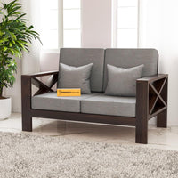 Solid Sheesham Wooden 2 Seater Sofa Set for Living Room with Cushions, X-Legs Sofa Set