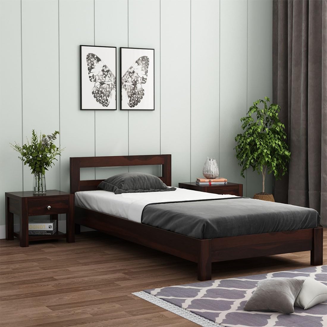 Solid Sheesham Wood Platform Low Height Single Size Bed Without Storage for Bedroom Living Room Wooden Palang for Home Hotel Single Bed Single