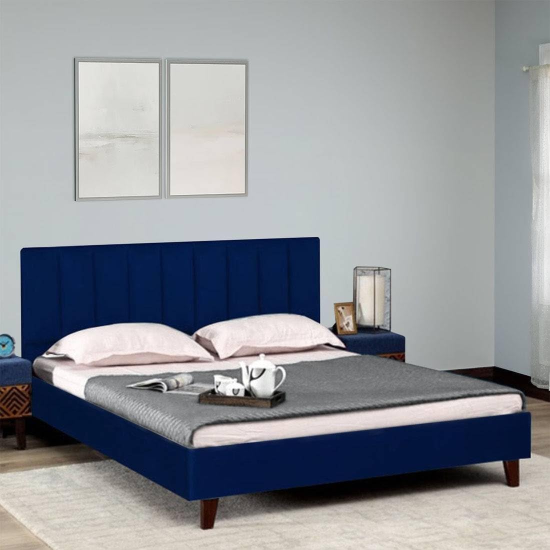 Fabric Upholstered Queen Size Bed with Headboard for Bedroom, Kids Room, Hotel | Engineered Wood Queen Bed