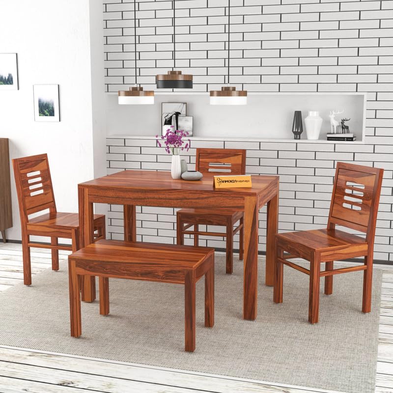 Sheesham Wood Dining Room Sets 4 Seater Dining Table with 3 Chairs & 1 Bench for Dining Room, Living Room, Kitchen, Hotel, Restaurant