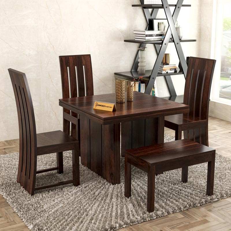 olid Sheesham Wood Dining Room Sets 4 Seater Poester Dining Table with 3 Chairs & 1 Bench for Dining Room, Living Room, Restaurant, Cafeteria