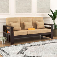 Solid Sheesham Wood 3 Seater Sofa Set for Living Room with Beige Cushions