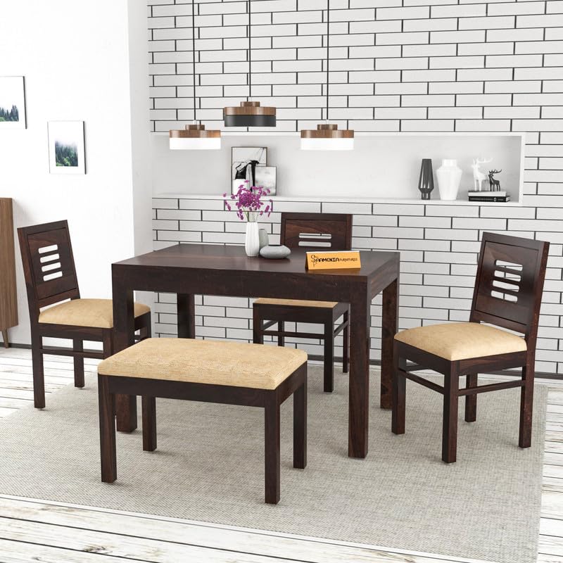 Solid Sheesham Wood Dining Room Sets 4 Seater Dining Table with 3 Cushions Chairs & 1 Bench for Dining Room, Living Room, Restaurant