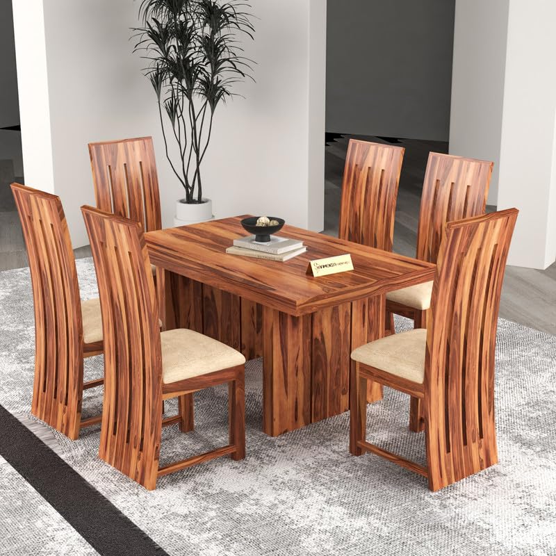 Solid Sheesham Wood Dining Room Sets 6 Seater Poster Dining Table with 6 Cushions Chairs for Dining Room, Living Room, Restaurant, Cafeteria