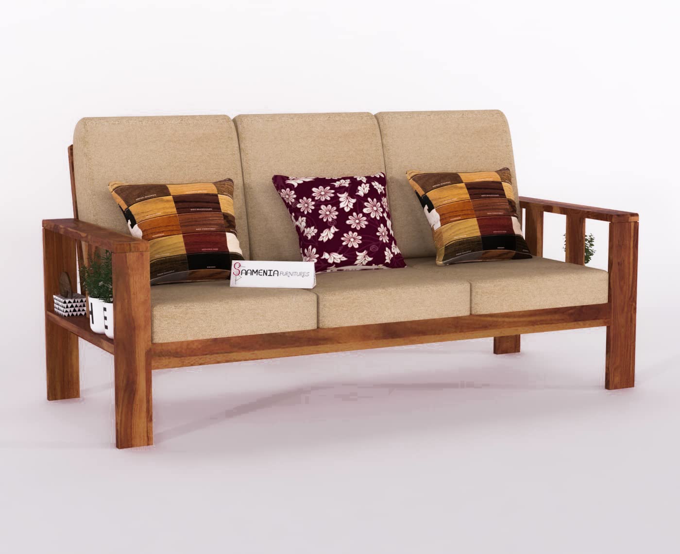 Solid sheesham Wooden 3 Seater Sofa Set for Living Room with Cream Cushions