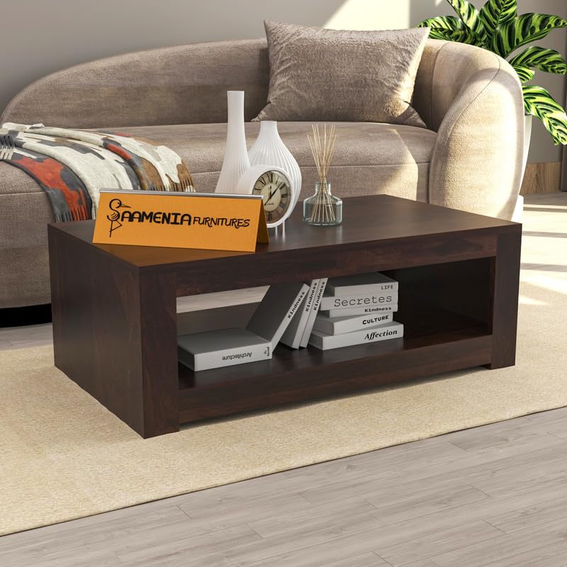 Solid Sheesham Wood Rectangle Centre Table, Coffee Table for Living Room, Wooden Sofa Center Table with Shelf Storage for Home & Office | Rosewood