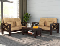 Sheesham Wooden 4 Seater Sofa Set for Living Room, 2+2 Seater Sofa Sets for Home with Cushions, X-Legs Sofa Set