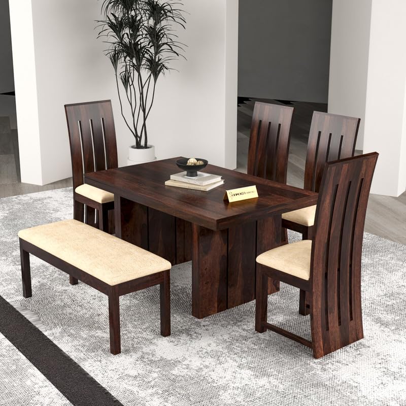 Solid Sheesham Wood Dining Room Sets 6 Seater Poster Dining Table with 4 Cushions Chairs & 1 Bench for Dining Room, Living Room, Restaurant, Cafeteria