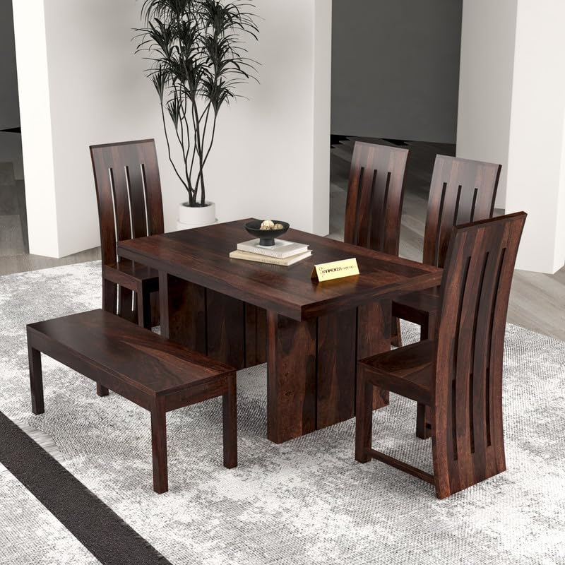 Solid Sheesham Wood Dining Room Sets 6 Seater Poster Dining Table with 4 Chairs & 1 Bench for Dining Room, Living Room,Restaurant, Cafeteria